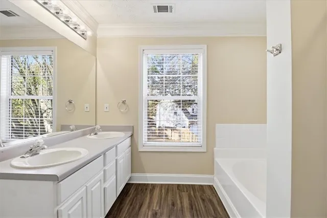 a bathroom with a sink a mirror and a bathtub