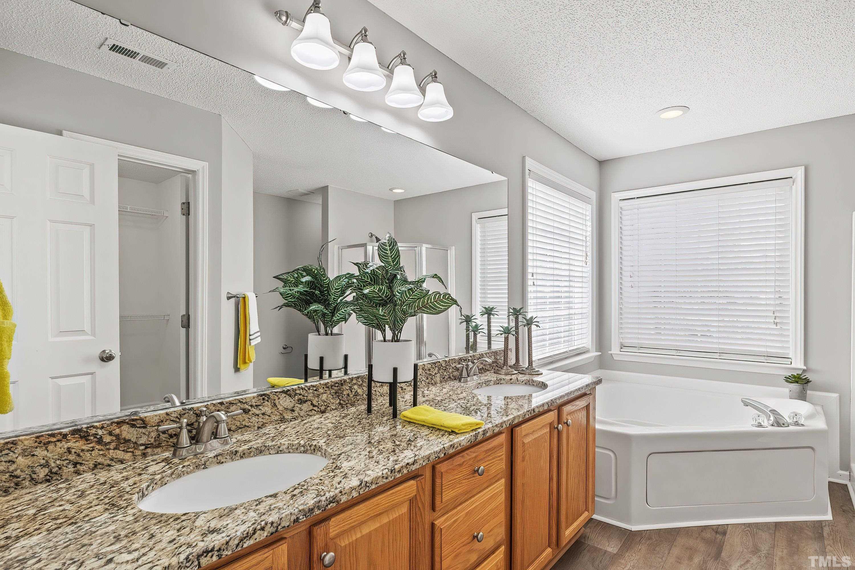 1008 Linden Crest Road Raleigh, NC 27603 - Photo 20 of 37 a bathroom with a granite countertop bathtub a sink and a mirror