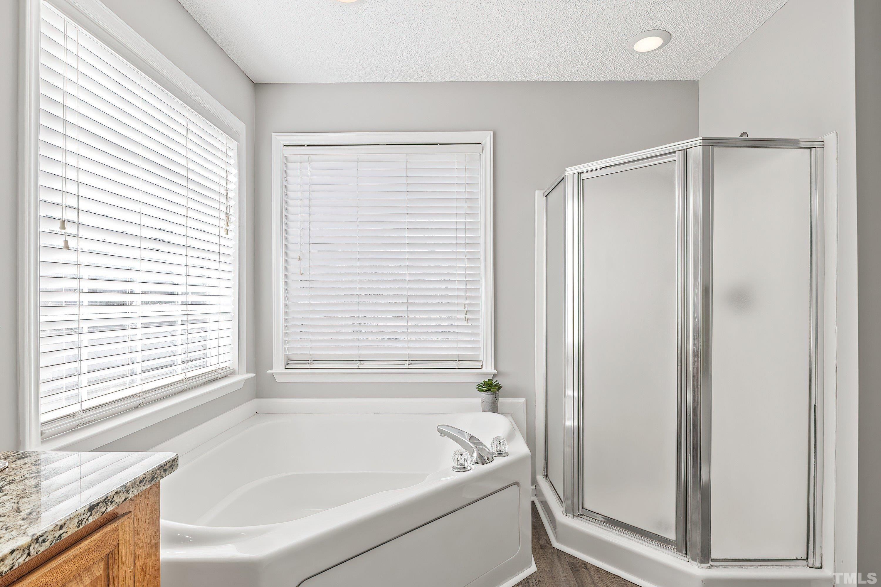 1008 Linden Crest Road Raleigh, NC 27603 - Photo 21 of 37 a bathroom with a granite countertop bathtub and a shower