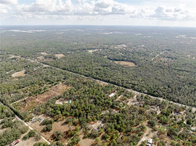 an aerial view of residential houses with outdoor space and trees