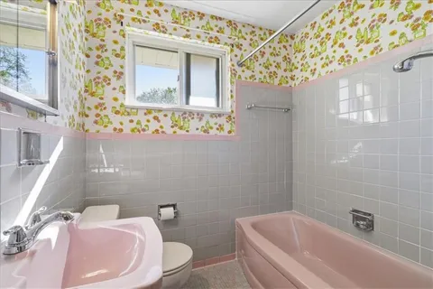 a bath room with a toilet and a bath tub