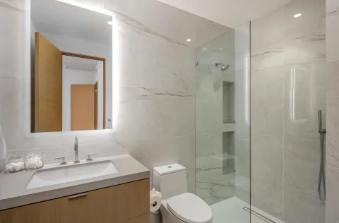 a bathroom with a granite countertop sink toilet and shower