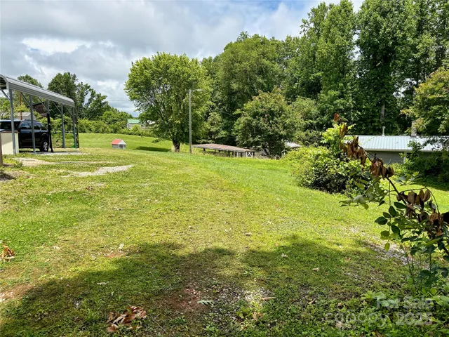 a view of a green field with trees