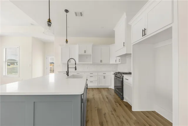 a kitchen with a sink window and cabinets