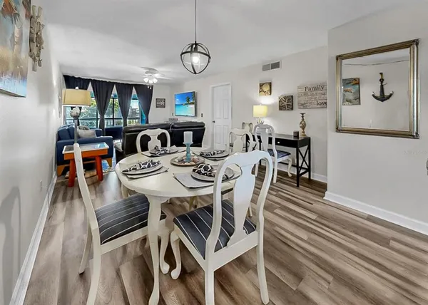 a view of a dining room with furniture
