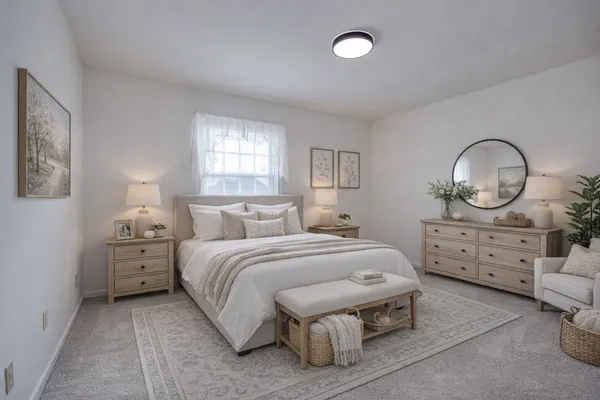 a room with a bed and a dresser