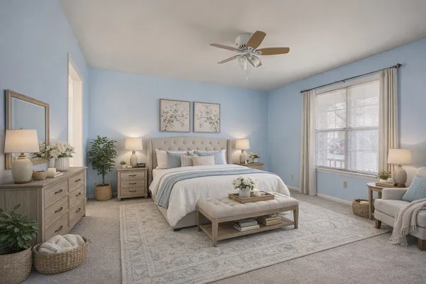 a bedroom with a bed and a couch