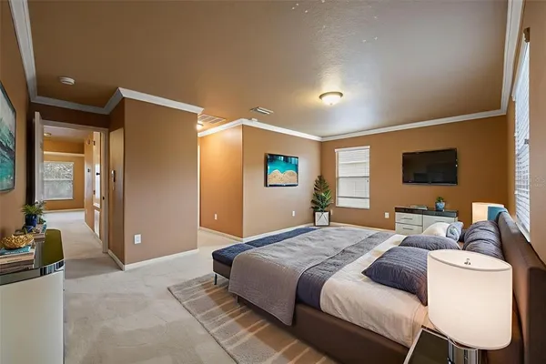 a bedroom with a bed and a flat screen tv