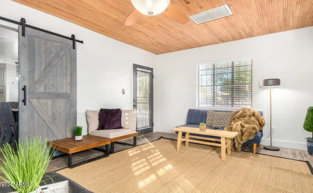 a living room with furniture and a potted plant