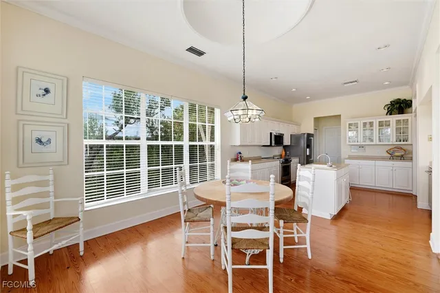 a view of a dining room with furniture window and wooden floor