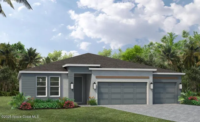 a front view of a house with a garden and plants