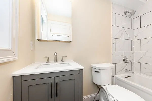 a bathroom with a sink toilet vanity and tub
