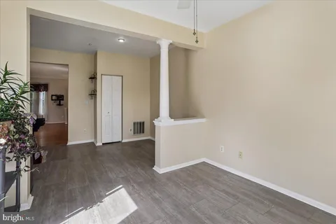 an empty room with wooden floor and potted plant
