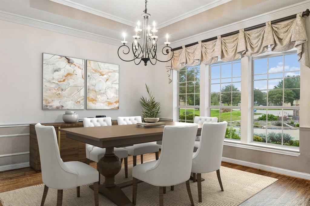 5802 Corinth Chapel Road Parker, TX 75002 - Photo 5 of 40 The spacious dining room boasts oil rubbed bronze light fixture, tray ceiling with crown moulding, wainscotting, hand scraped hardwood flooring and views of the front.