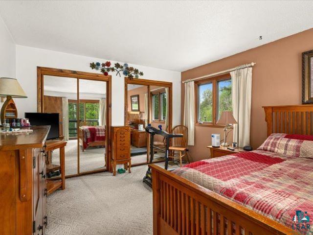 3616 Lavaque Road Hermantown, MN 55811 - Photo 33 of 43 Room featuring wood-frame mirrored closet doors, a wood-frame window with natural views, and light-colored patterned carpeting