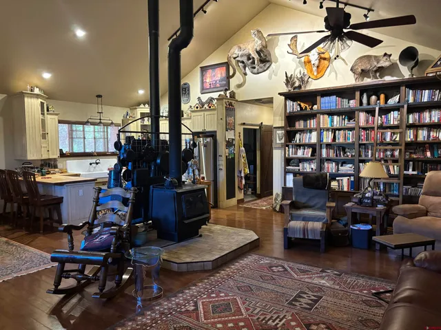 a living room with lots of furniture and a book shelf
