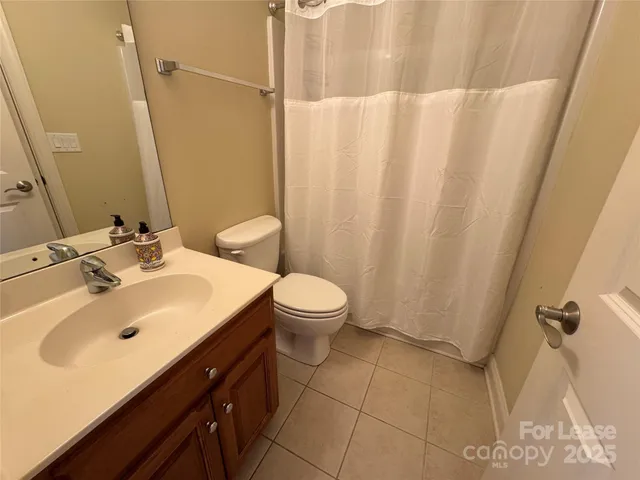 a bathroom with a sink a toilet and shower curtain