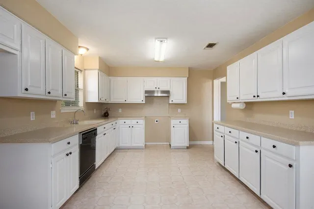 a kitchen with cabinets appliances a sink and a counter space