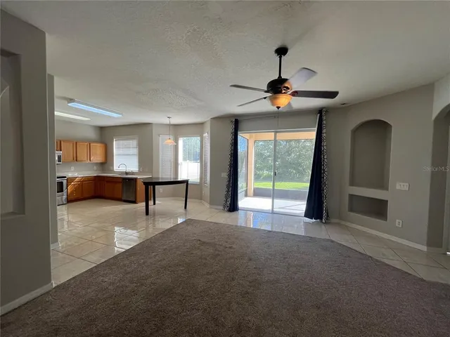 a view of a room with a chandelier