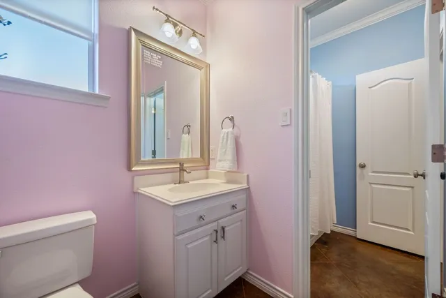 a bathroom with a sink a toilet a mirror and vanity