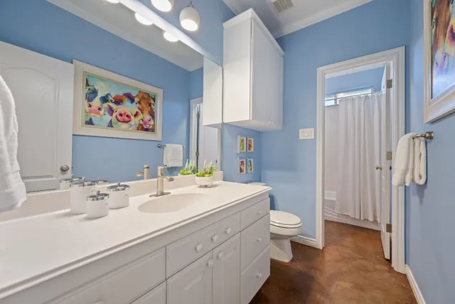 a bathroom with a sink a toilet and a large mirror