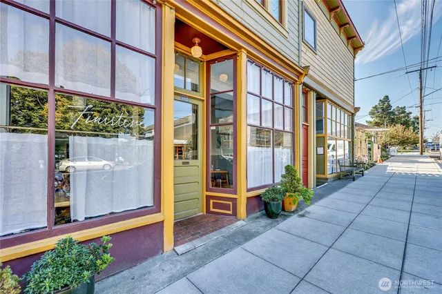 an aerial view of a building with outdoor space