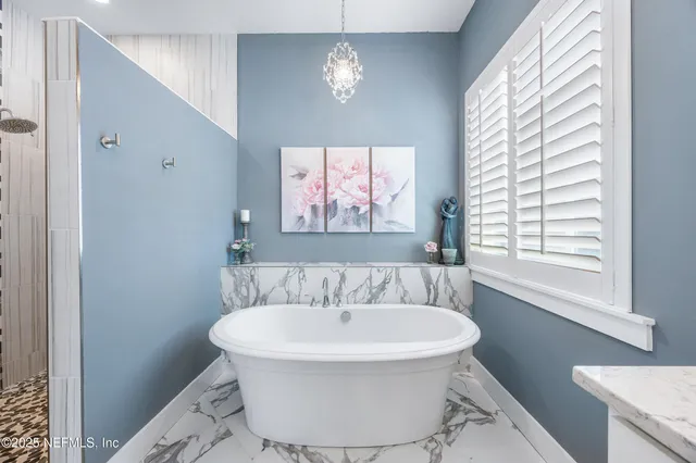 a bathroom with a bathtub and a shower