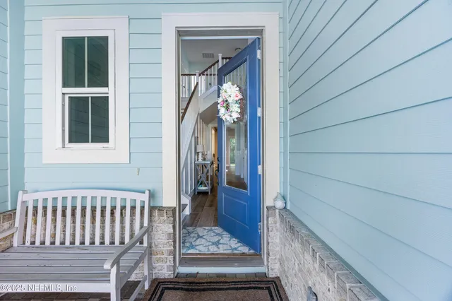 a view of a porch of a house