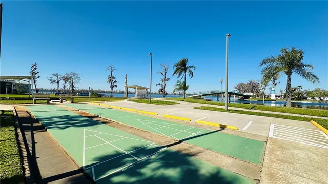 a view of a swimming pool with a lawn chairs and palm tree