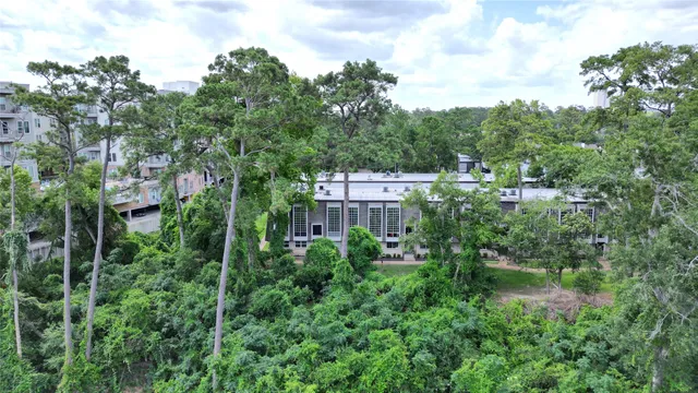 a view of a garden with a building in the background