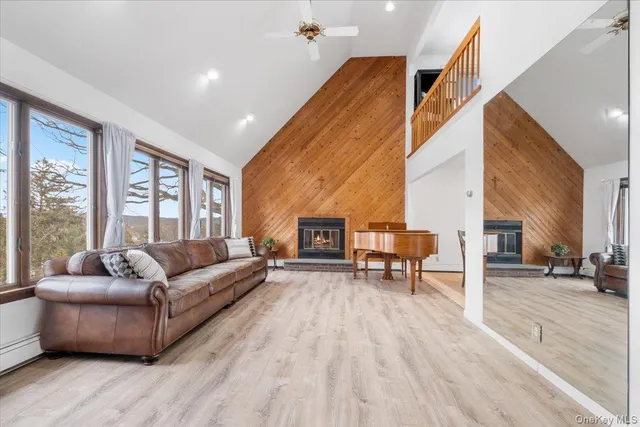 a living room with furniture and a fireplace