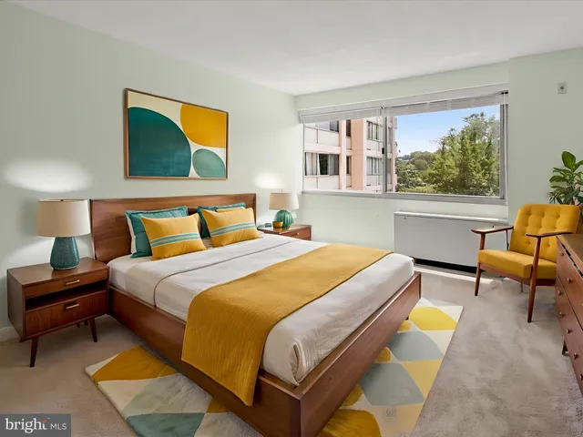a living room with furniture a rug and a book shelf