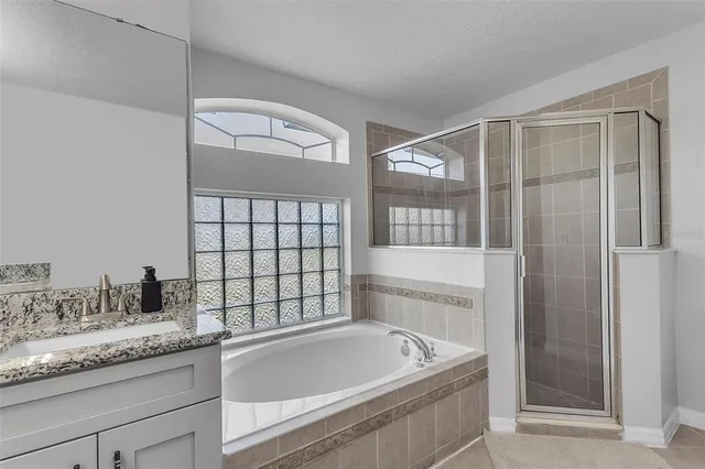 a bathroom with a granite countertop sink a bathtub and shower