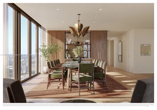 a dining room with furniture a large window and wooden floor