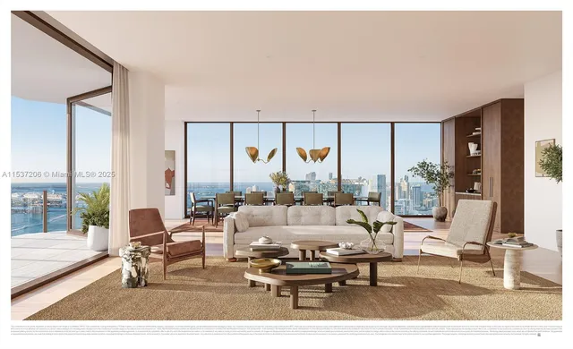 a living room with furniture a large window and kitchen view