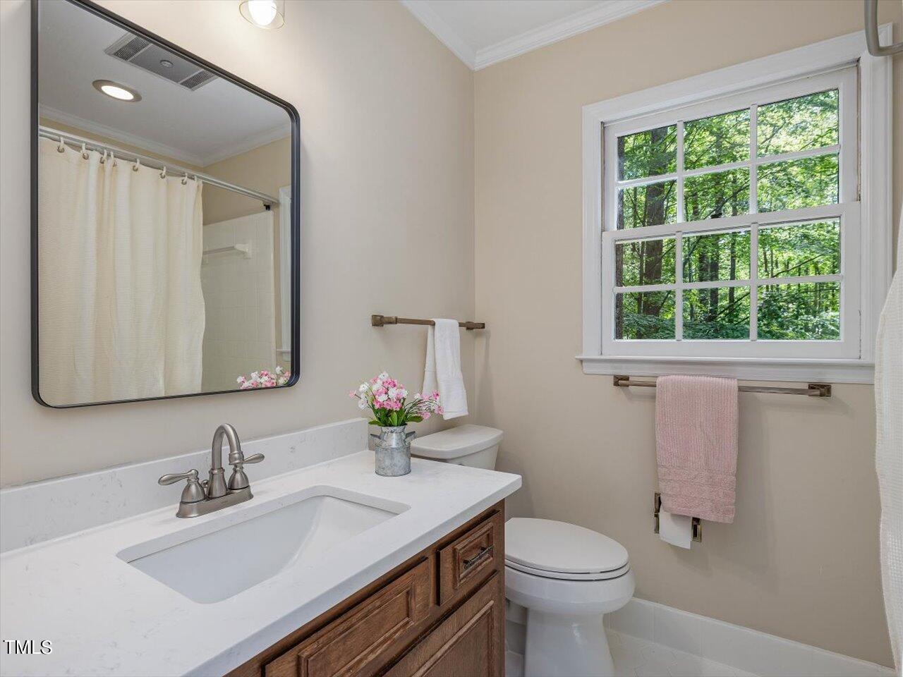 10609 Chinkapin Place Raleigh, NC 27613 - Photo 49 of 78 a bathroom with a granite countertop sink toilet and mirror