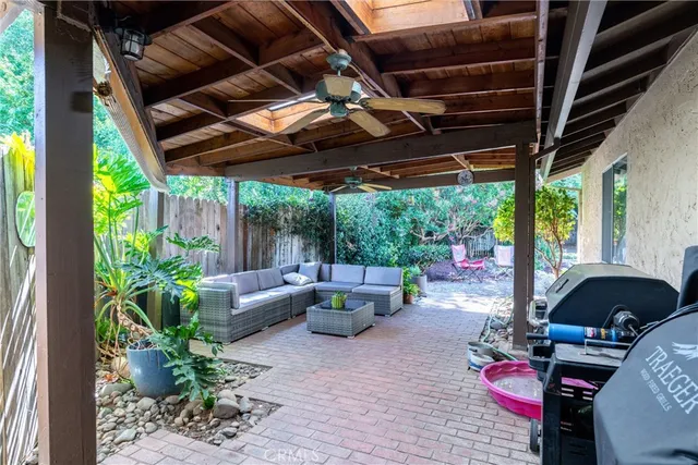 a outdoor living space with furniture and garden