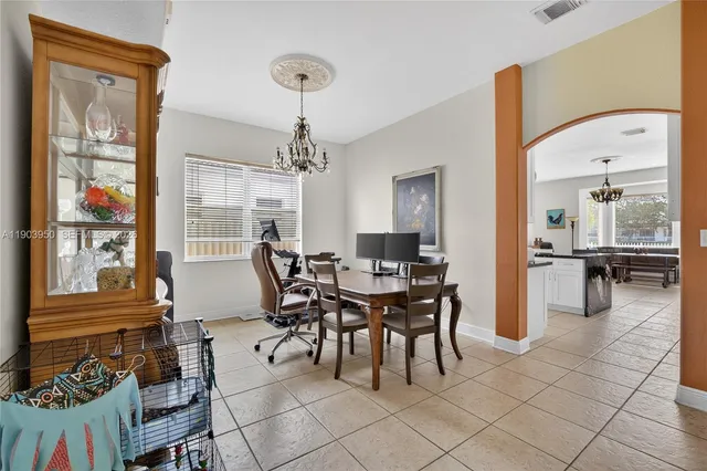 a view of a dining room with furniture window and outside view