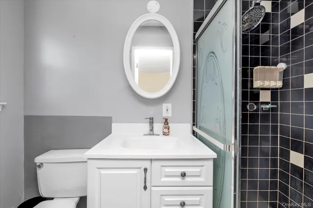 a bathroom with a sink a toilet and a mirror