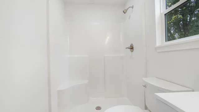 a bathroom with a shower and toilet