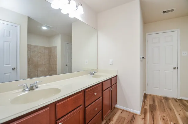 a bathroom with a sink a vanity and a mirror