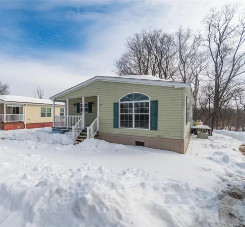 a view of a house with a yard covered in snow