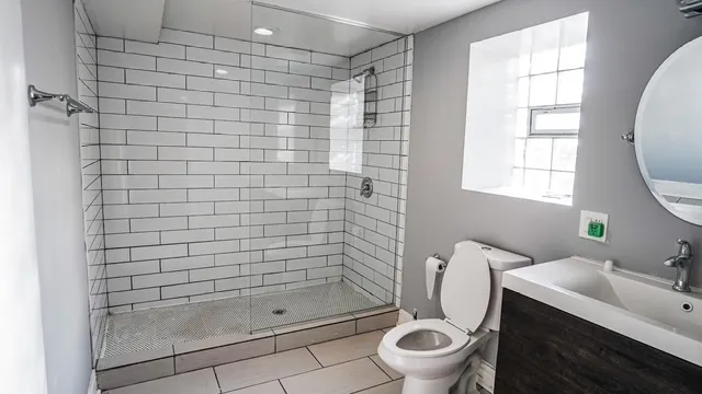 a bathroom with a shower and a toilet