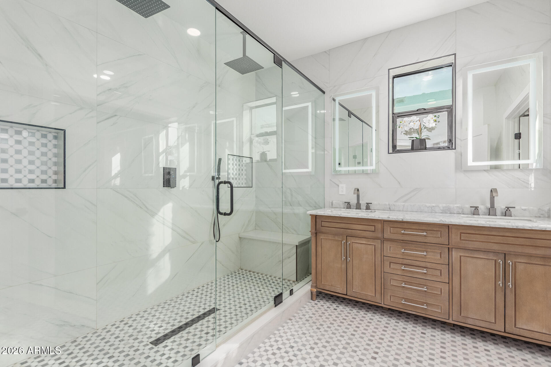 6404 West Black Hill Road Phoenix, AZ 85083 - Photo 17 of 33 a bathroom with a double vanity sink a toilet a mirror and shower