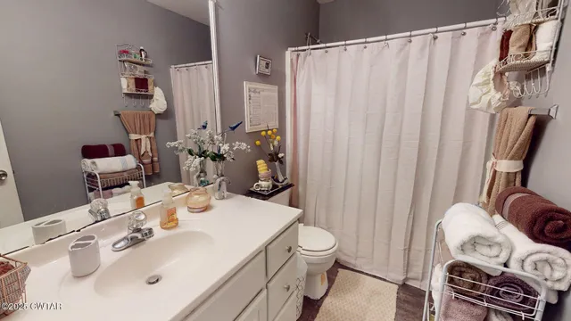 a bathroom with a sink a toilet and shower curtain