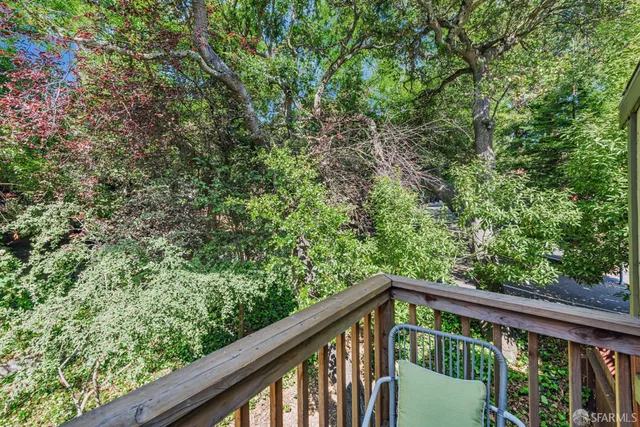 a view of a backyard with large trees
