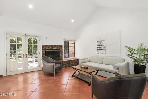 a living room with furniture a fireplace and a potted plant