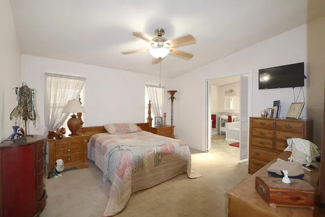 a bedroom with a bed and furniture