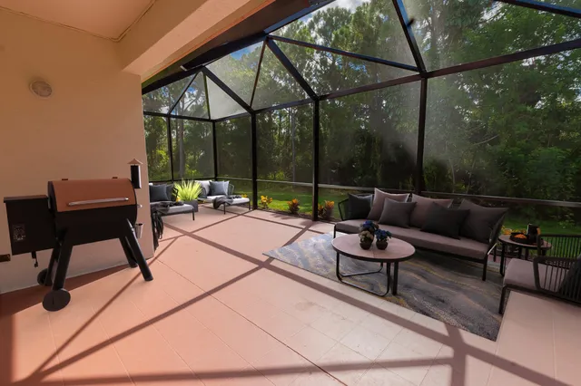 a building outdoor space with patio furniture