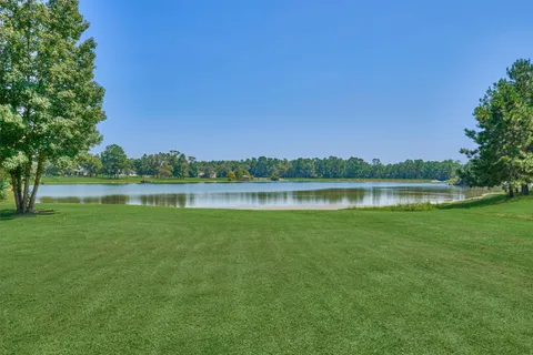 a view of a lake with houses in the background